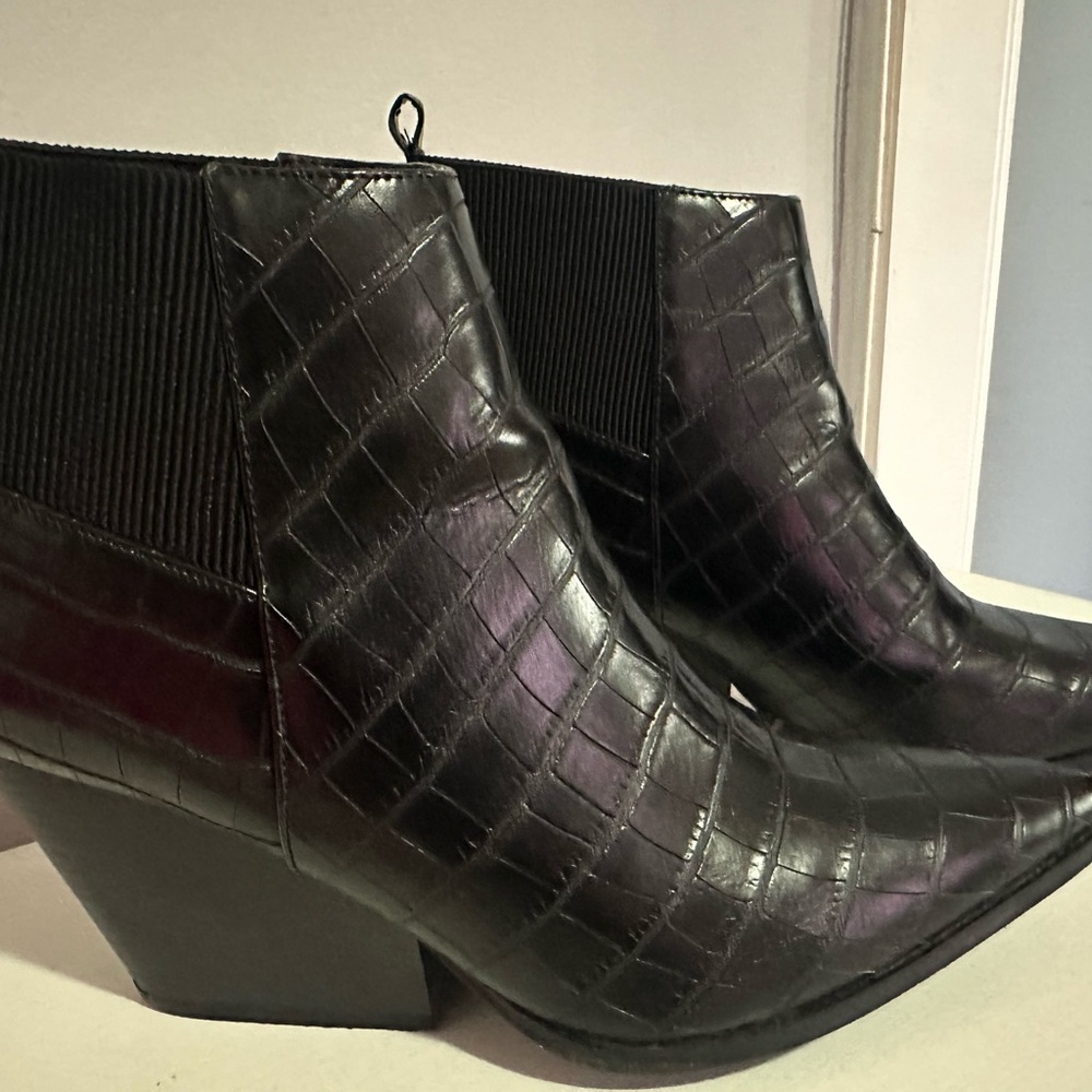 Black Croc-Embossed Wedge Ankle Boots
